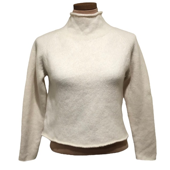 MJ Watson Cashmere Cropped Sweater Size Large Cream Funnel Neck Pullover - Picture 1 of 11